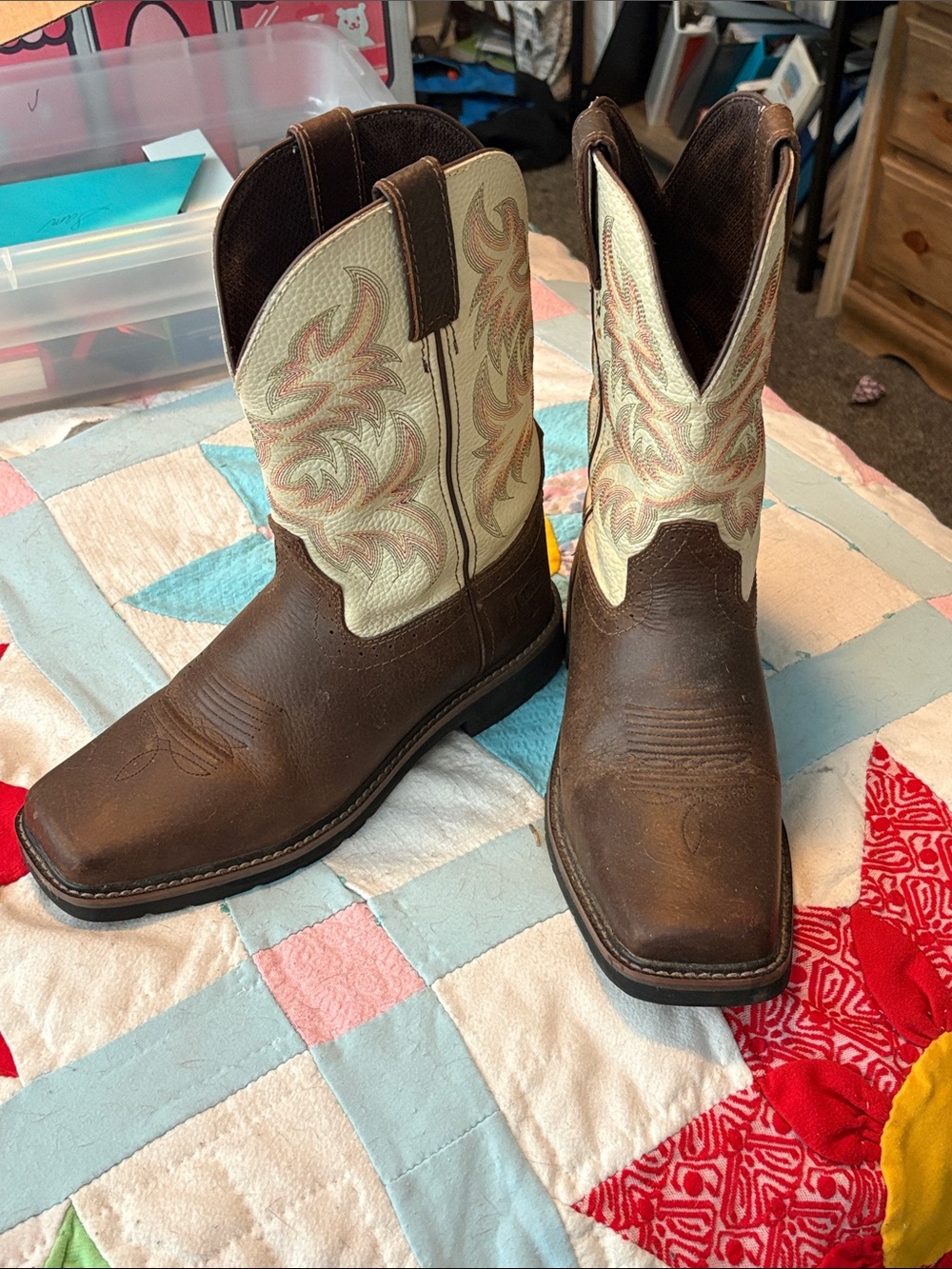 Justin Boots Brown Leather Work Cowboy Boots with Cream Embroidered Shaft